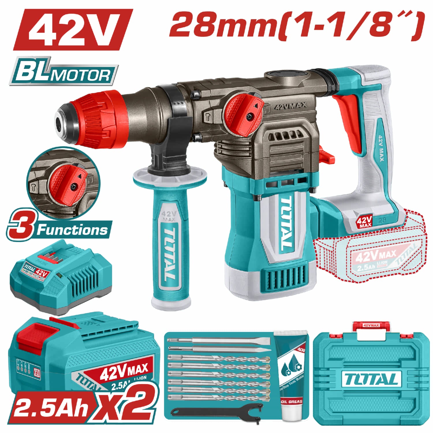 Taladro Rotomartillo 42V 900 rpm. 4400 bpm. Perfora 28mm en concreto. Incluye batería y cargador y accesorios.