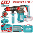 Taladro Rotomartillo 42V 900 rpm. 4400 bpm. Perfora 28mm en concreto. Incluye batería y cargador y accesorios.