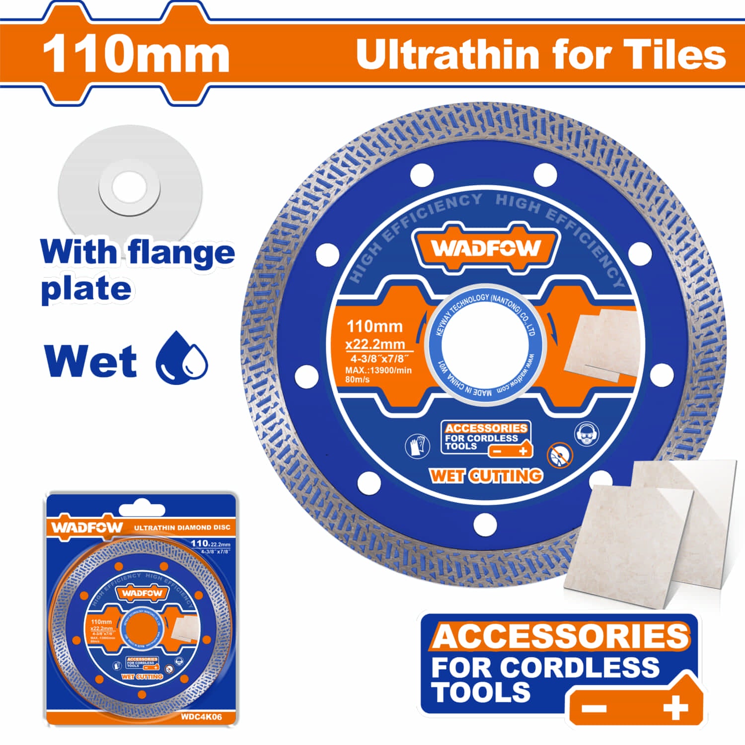 Disco de Diamante Ultradelgado para Azulejos 110mm. Húmedo. Con placa de brida. Ideal para Herramientas Inalámbricas.
