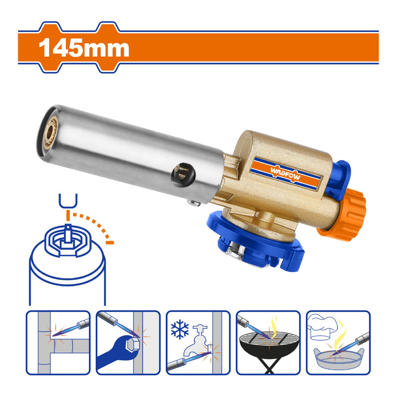 Soplete a Gas Butano 145mm. Encendido automático.Consumo de gas 108g/h. Uso doméstico.Antorcha