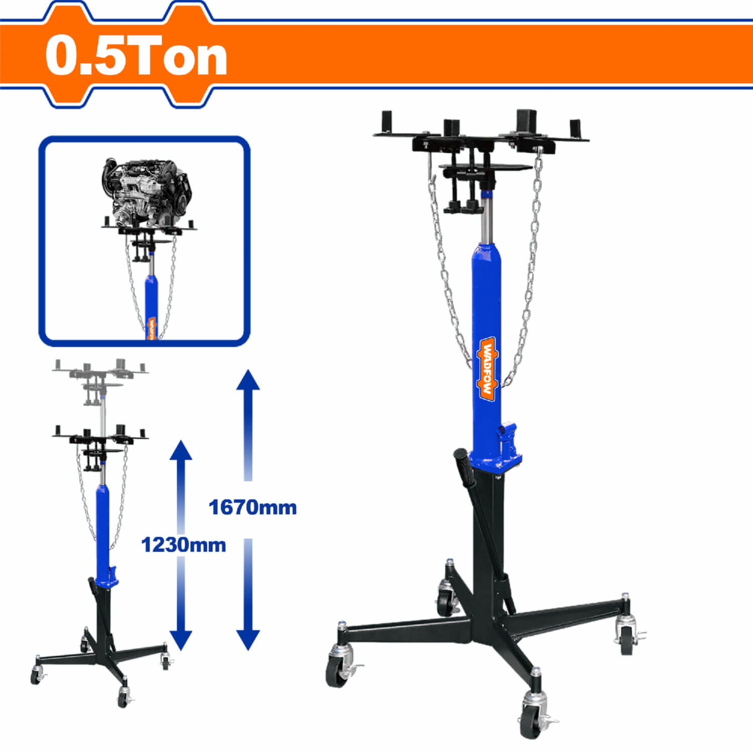 Gato Hidráulico para elevación de transmisiones, motor y la transmisión con ruedas. Capacidad 0.5 Ton. Alt.min 1230mm Alt.max 1670mm