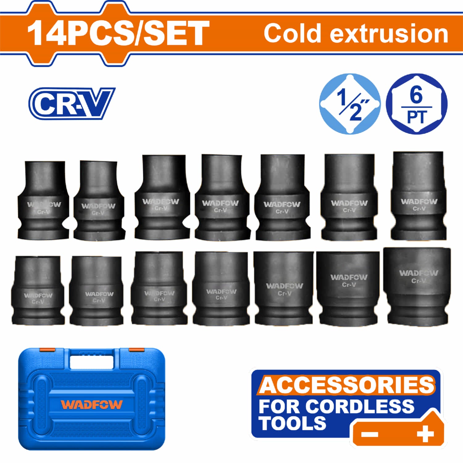 Dados de Impacto socket 1/2" cortor Cr-V (10-27 mm) Tratamiento térmico. Compatible con WCD1512 WCD1B48 Set de 14 Piezas. Juego