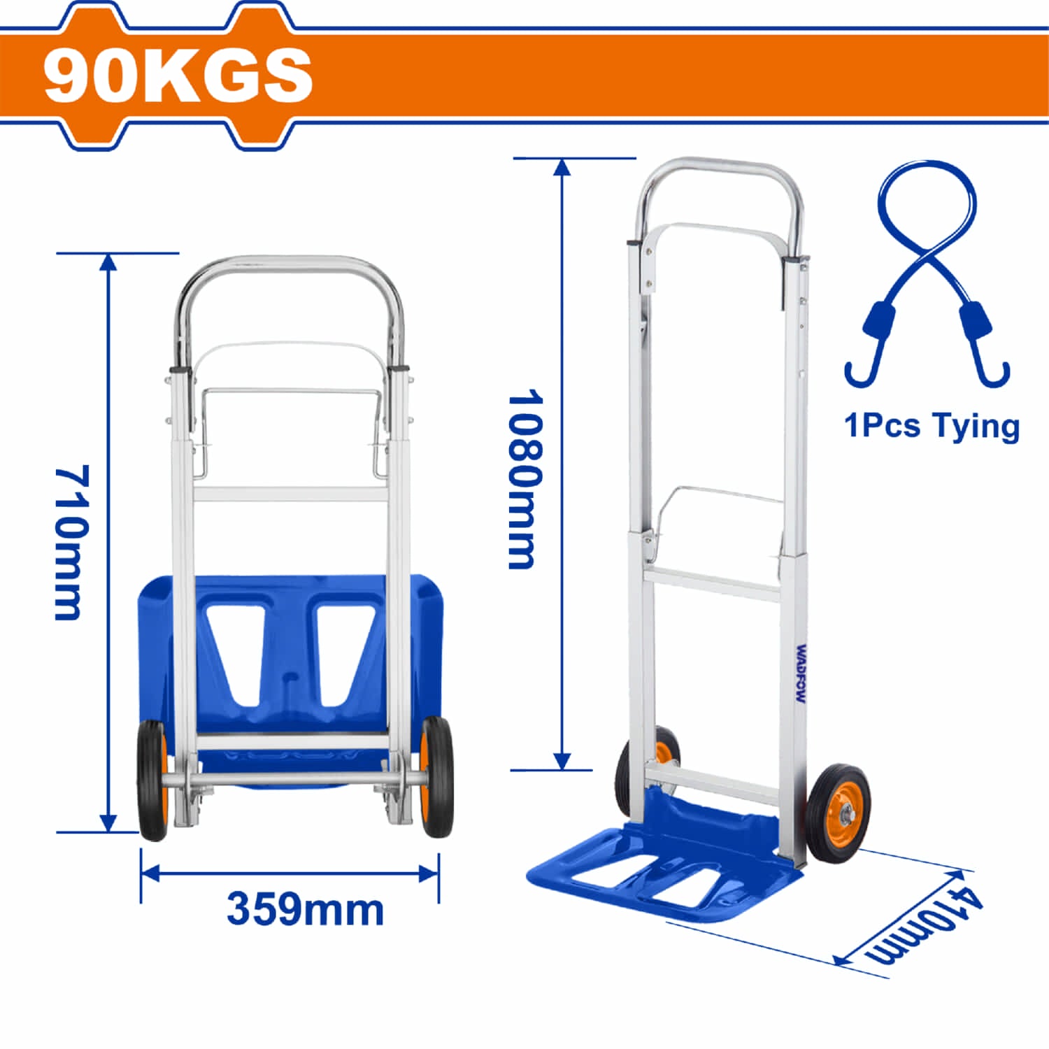 Carretilla plegable 90kg Tamaño extendido: 395x410x1080mm Tamaño plegado: 359x190x710mm Incluye cuerda elástica. Agarre suave. Trolley con ruedas plegable.