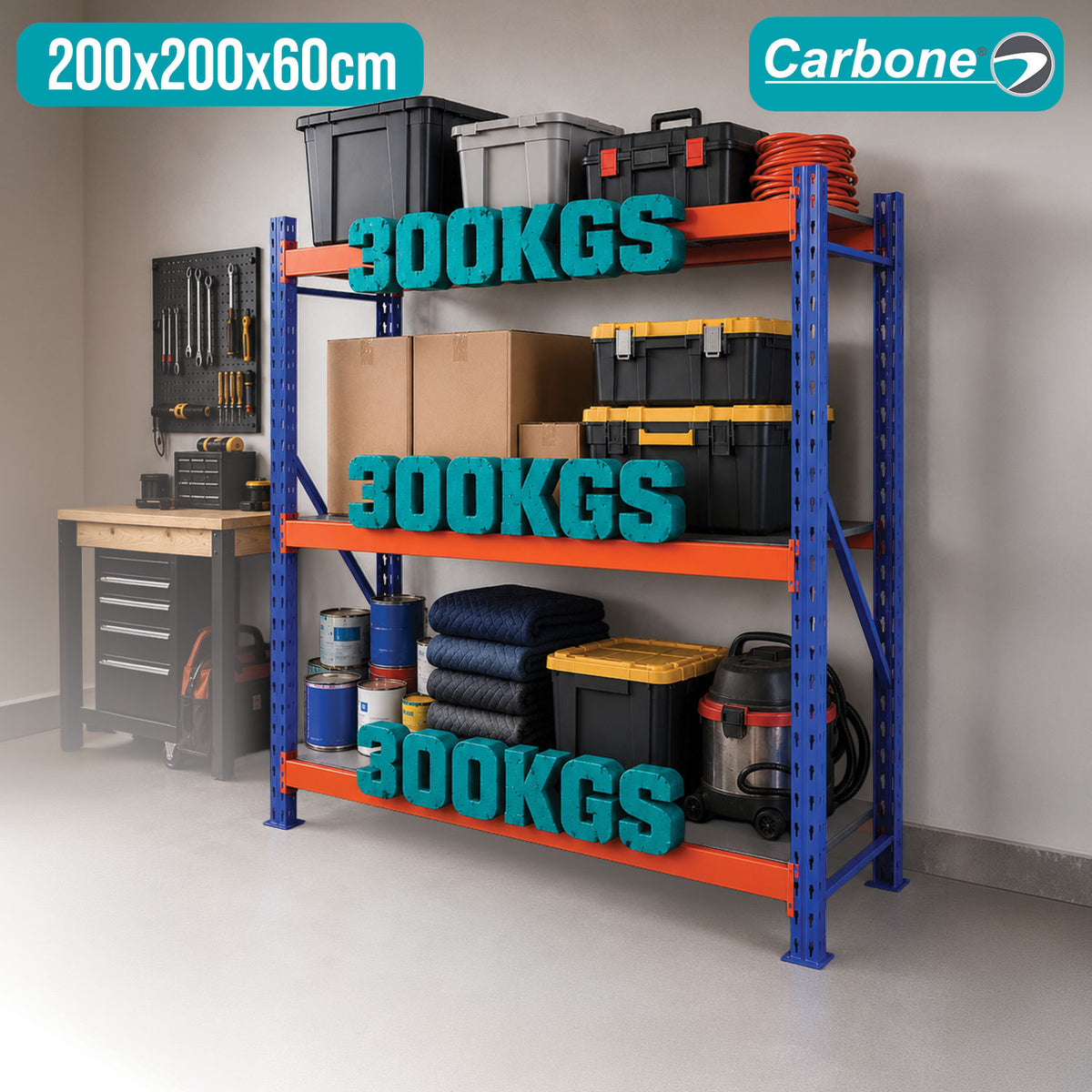 Estantería Metálica Industrial de 3 Niveles (200x200x60cm).  Estante Rack de almacenamiento Reforzado con Capacidad total de 900Kg.