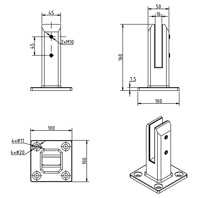 Soporte para barandas color negro (sin perforacion en vidrios)