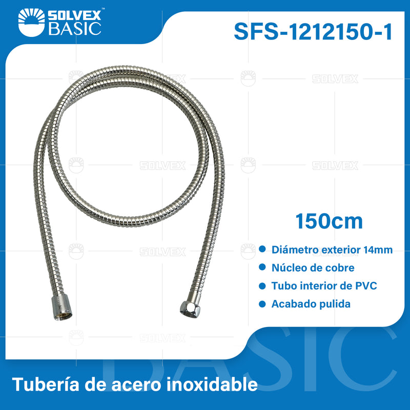 Manguera Flexible 150 cm para Ducha Tipo Teléfono. Acero Inoxidable con Interior PVC y Conexiones 1/2".