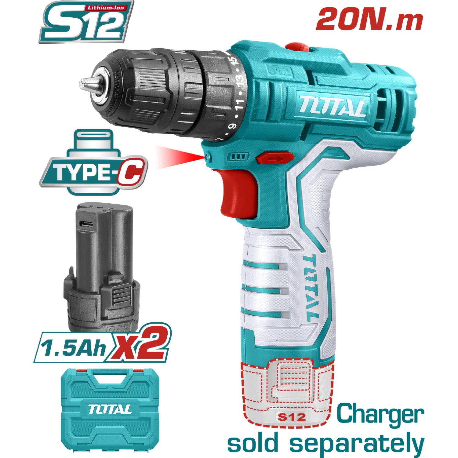 Taladro drill inalámbrico de 12V. Veloc.sin carga:0-400/0-1500rpm. 20Nm. Torque:15+1 Carga Cable USB.