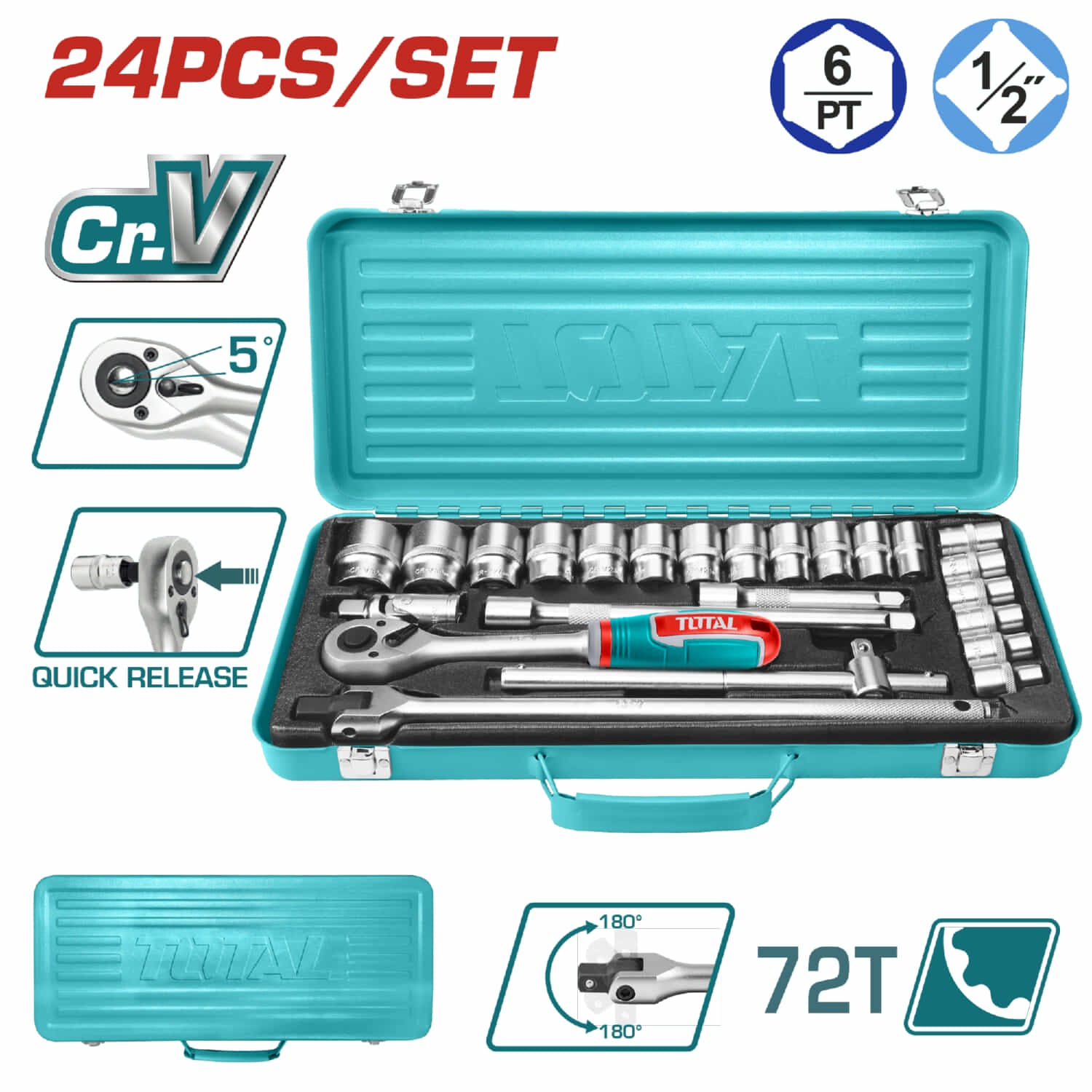 Socket ratchet 1/2". Set de 24 piezas. Cr-V. Incluye: Sockets,Barras de extensión, Barra T. Térmico. 24 dados juego combo maletin