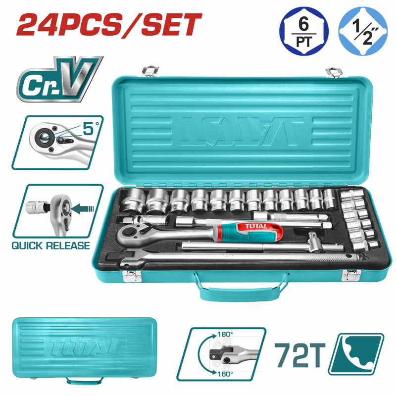Socket ratchet 1/2". Set de 24 piezas. Cr-V. Incluye: Sockets,Barras de extensión, Barra T. Térmico. 24 dados juego combo maletin