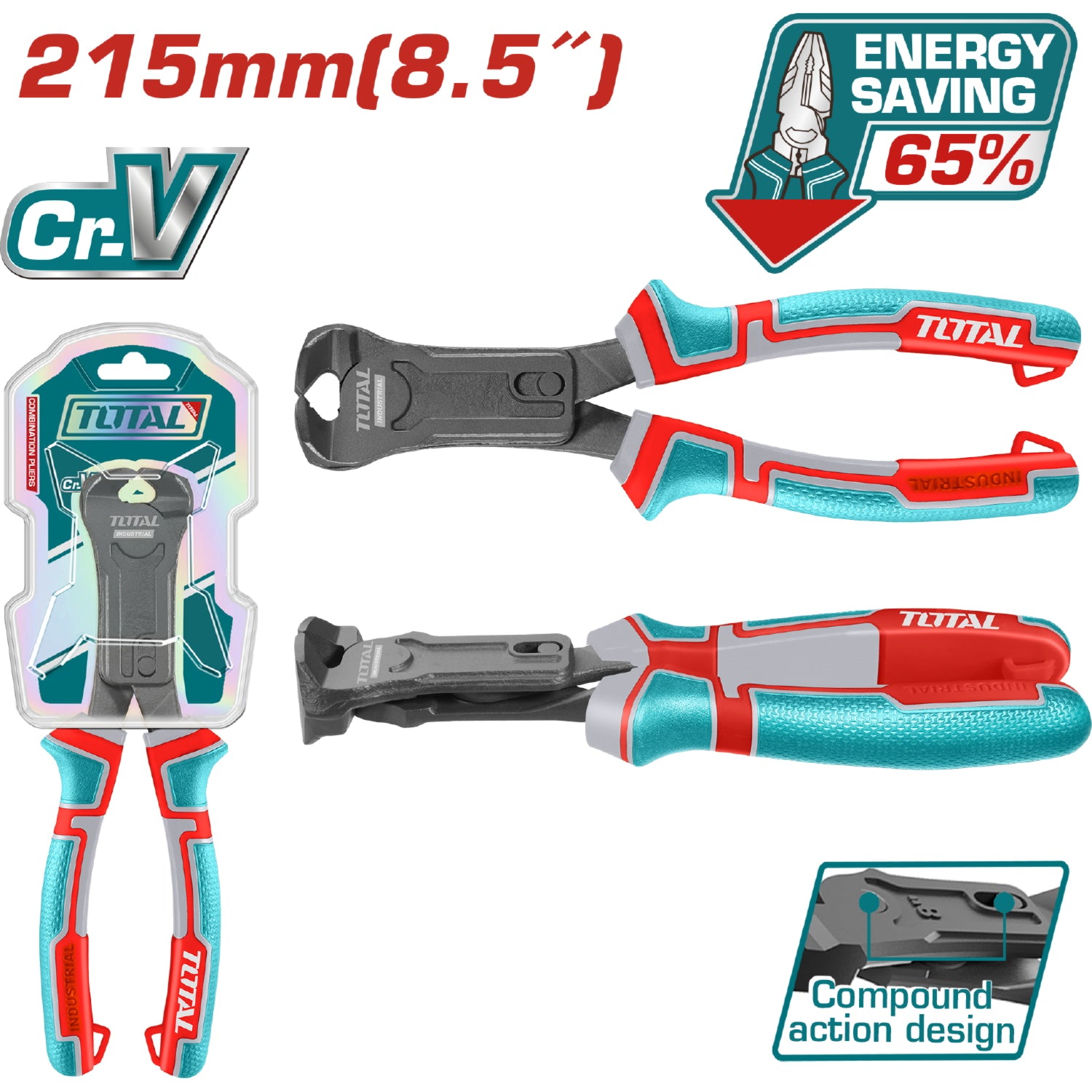 Alicate de corte final acción compuesta 8.5"/215mm Cr-V. 65% ahorro de energía. Mango ergonómico.