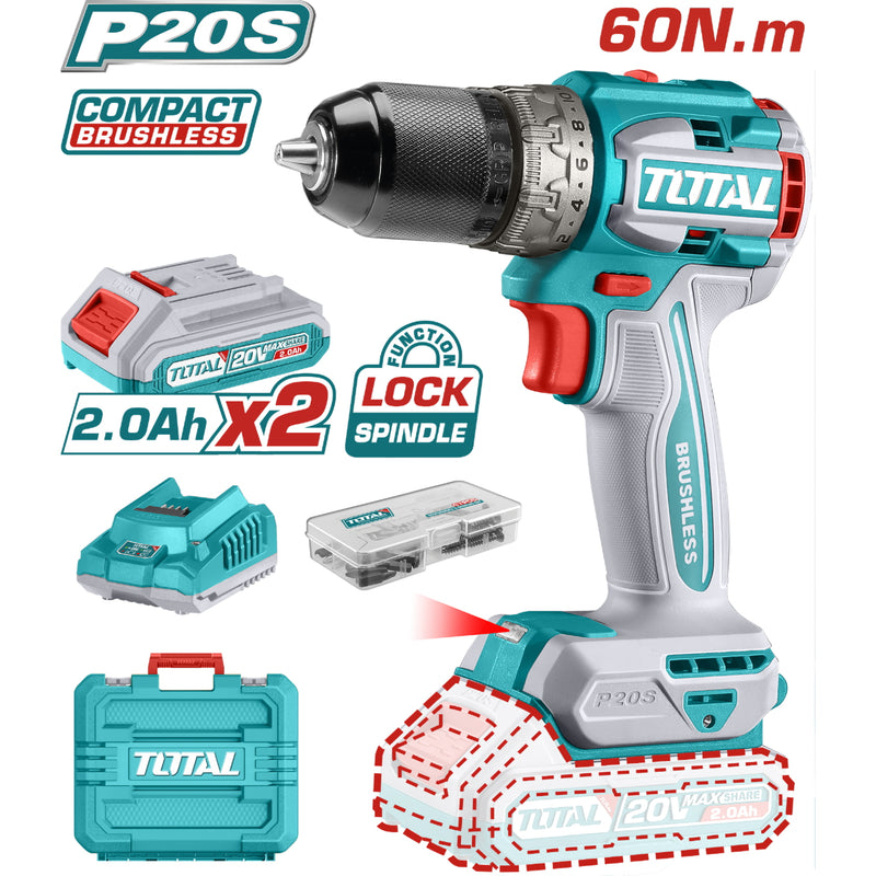 Drill Taladro Inalámbrico 20V 1/2" 60Nm 22+1 Motor sin escobillas. Incluye 2 baterías y cargador. Super Total