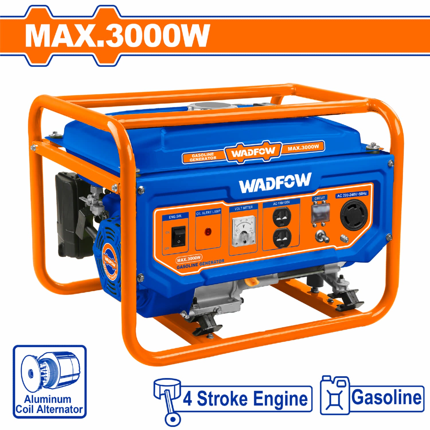 Generador a Gasolina 3000W 110-120V Frec. Nom. 60Hz Vel.3600rpm Motor 4 tiempos. Encendido por bobina. Planta
