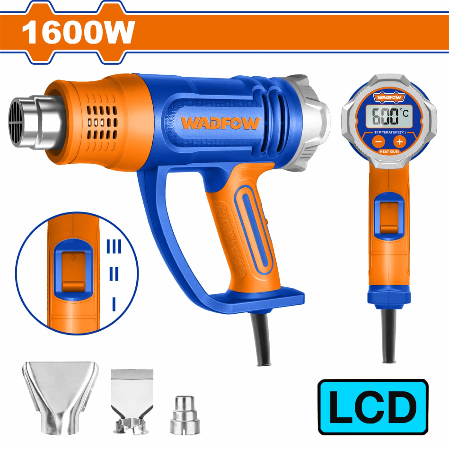 Pistola de calor 1600W 110-120V Temp 600ºC Pantalla LCD Incluye boquilla. Blower aire caliente