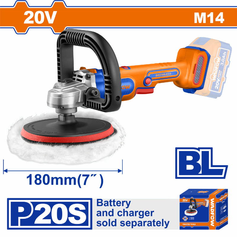 Pulidora Inalámbrica 20V 7" Vel 400-2500rpm Rosca del eje M14 Velocidad variable Incluye accesorios. Batería y cargador por separado.