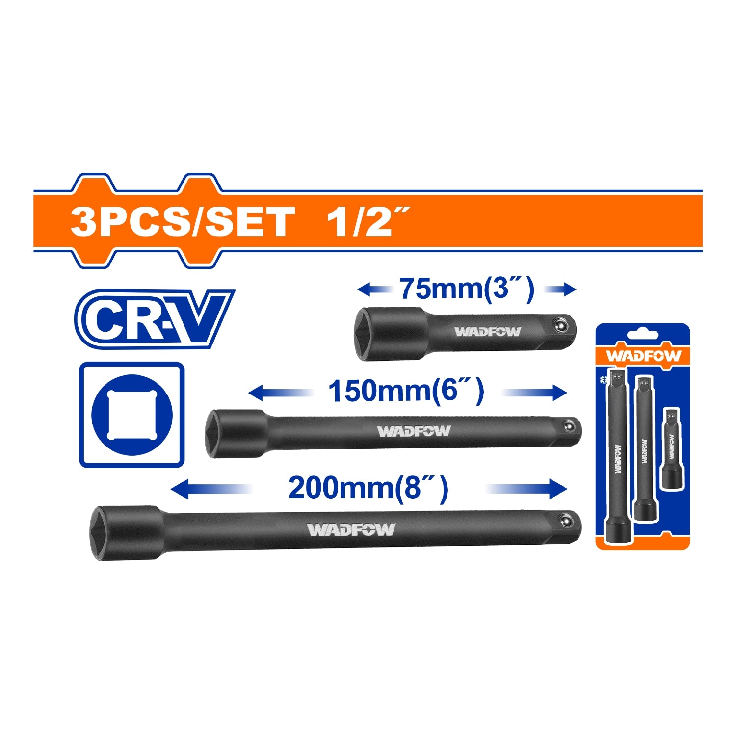 Barras de extensión de impacto de 1/2" Material: Cr-V Tratamiento térmico. Juego de 3 piezas.