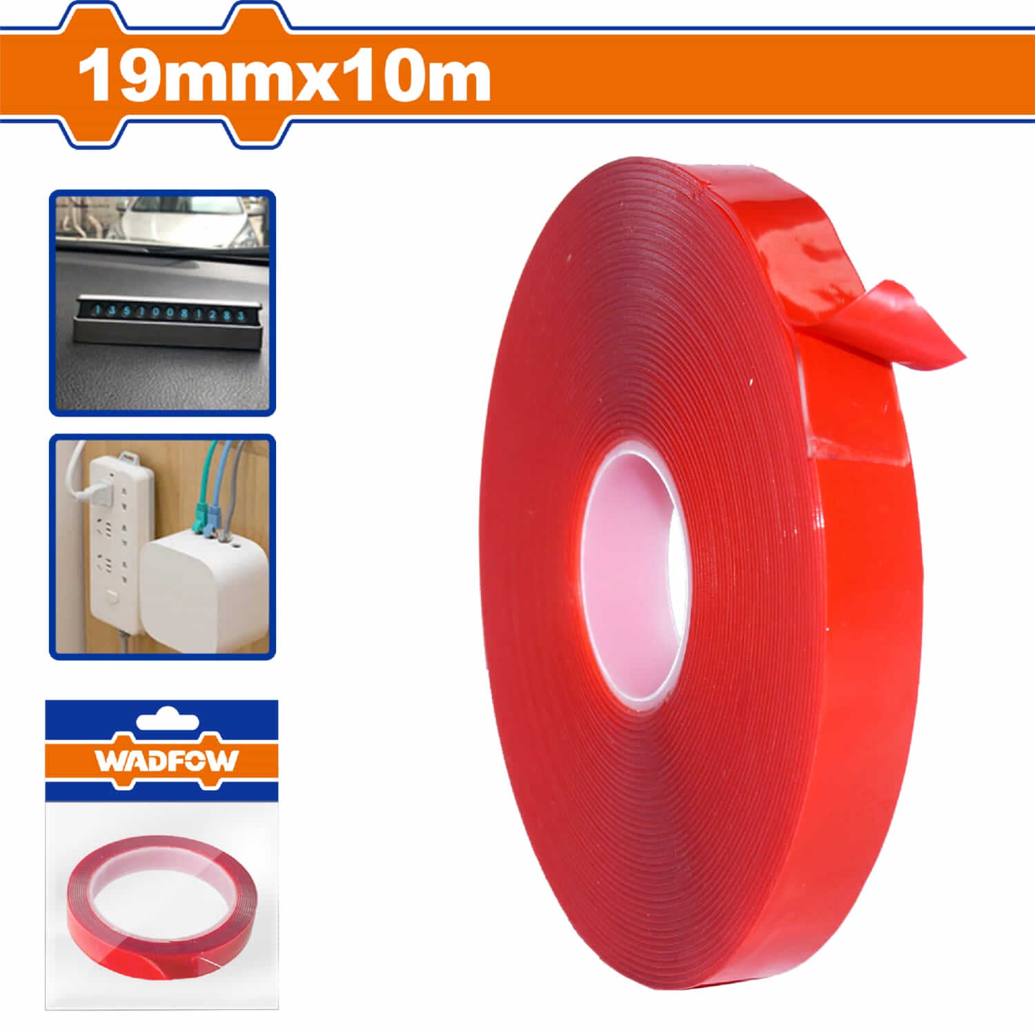 Cinta adhesiva doble contacto Rojo 3/4" 19mmx10mts. Esp: 1mm. Fácil de arrancar. Alta viscosidad. Ideal superficies lisas. Tape doble contacto rojo VHB