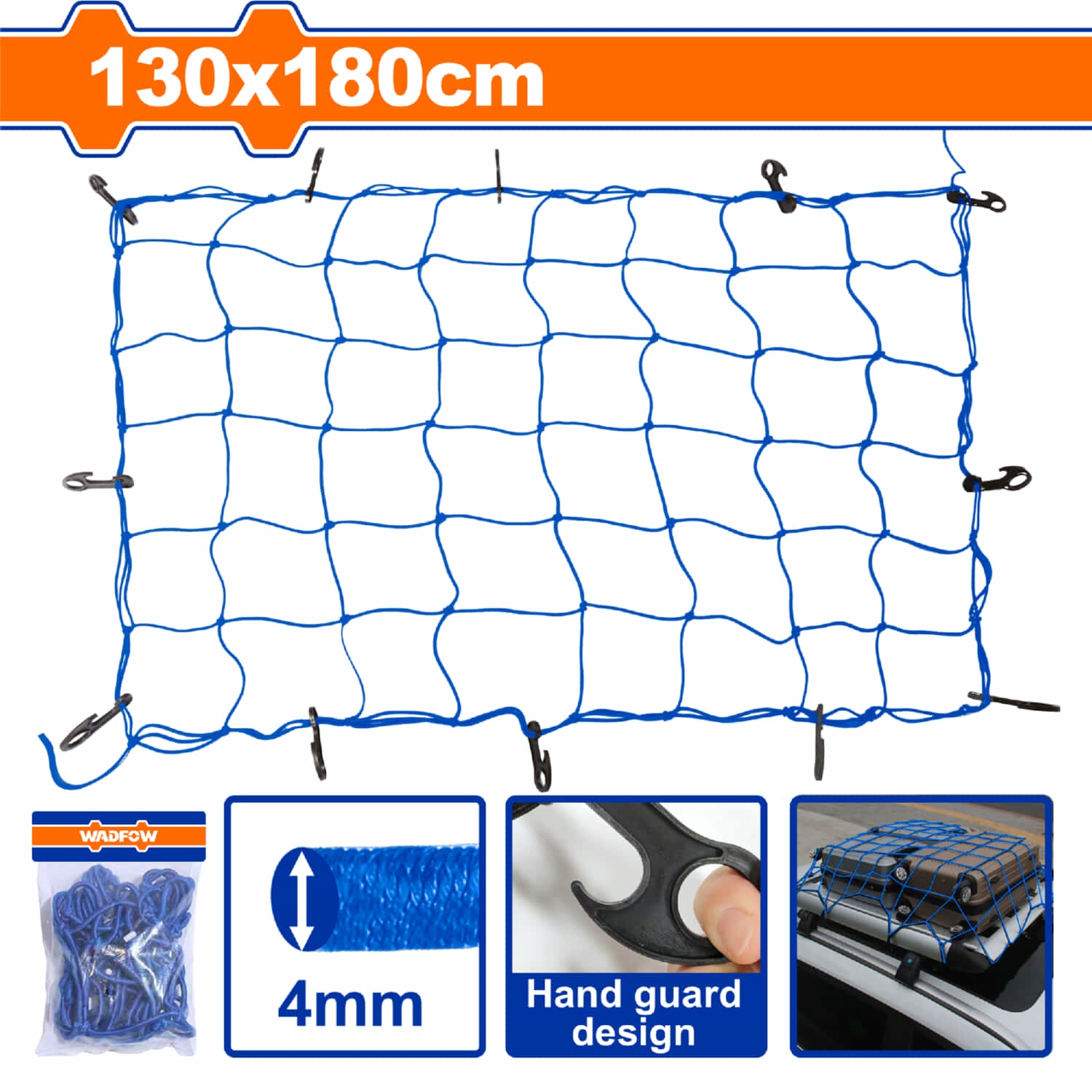 Red malla de carga 130x180cm Diámetro de la cuerda: 4mm. Cuenta con 12 ganchos electroforéticos. Ideal para carga en motos.