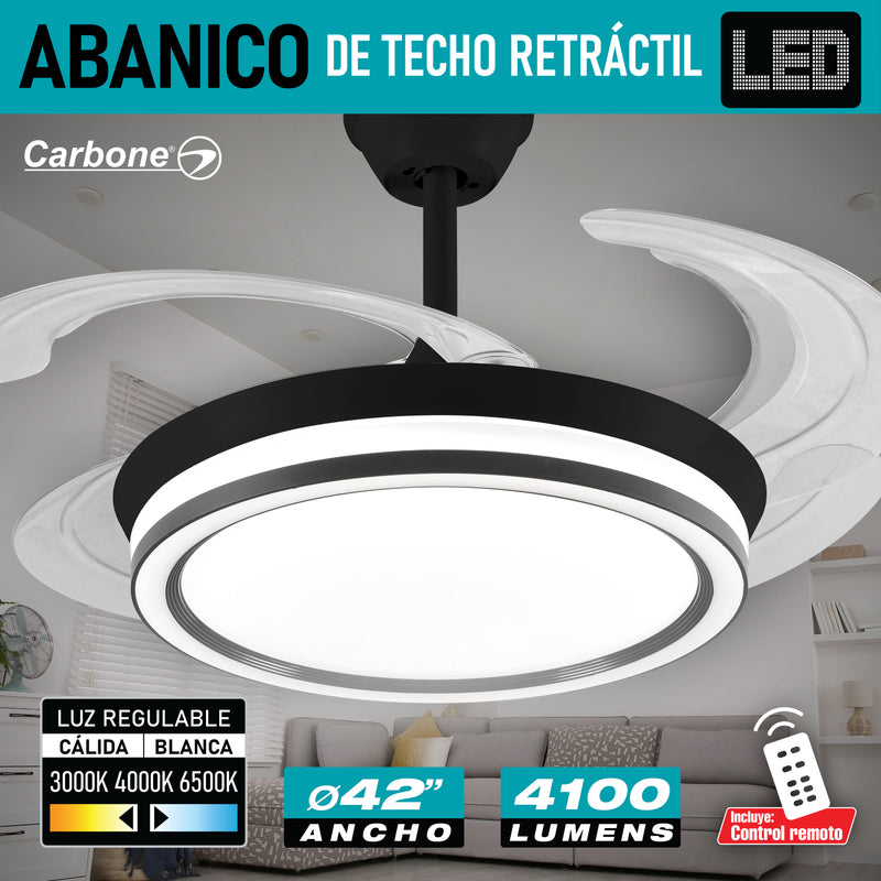 Abanico De Techo Con Lámpara. 3 tonos de luz. 42" Ventilador a control remoto. Fan 110v Color Negro