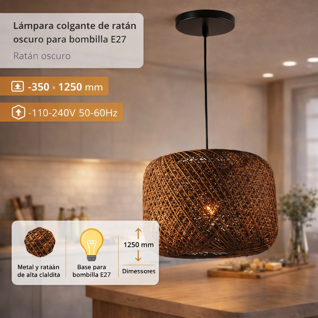 Lámpara Colgante de Rattan Oscuro 1XE27 350x1250mm Elegancia Natural