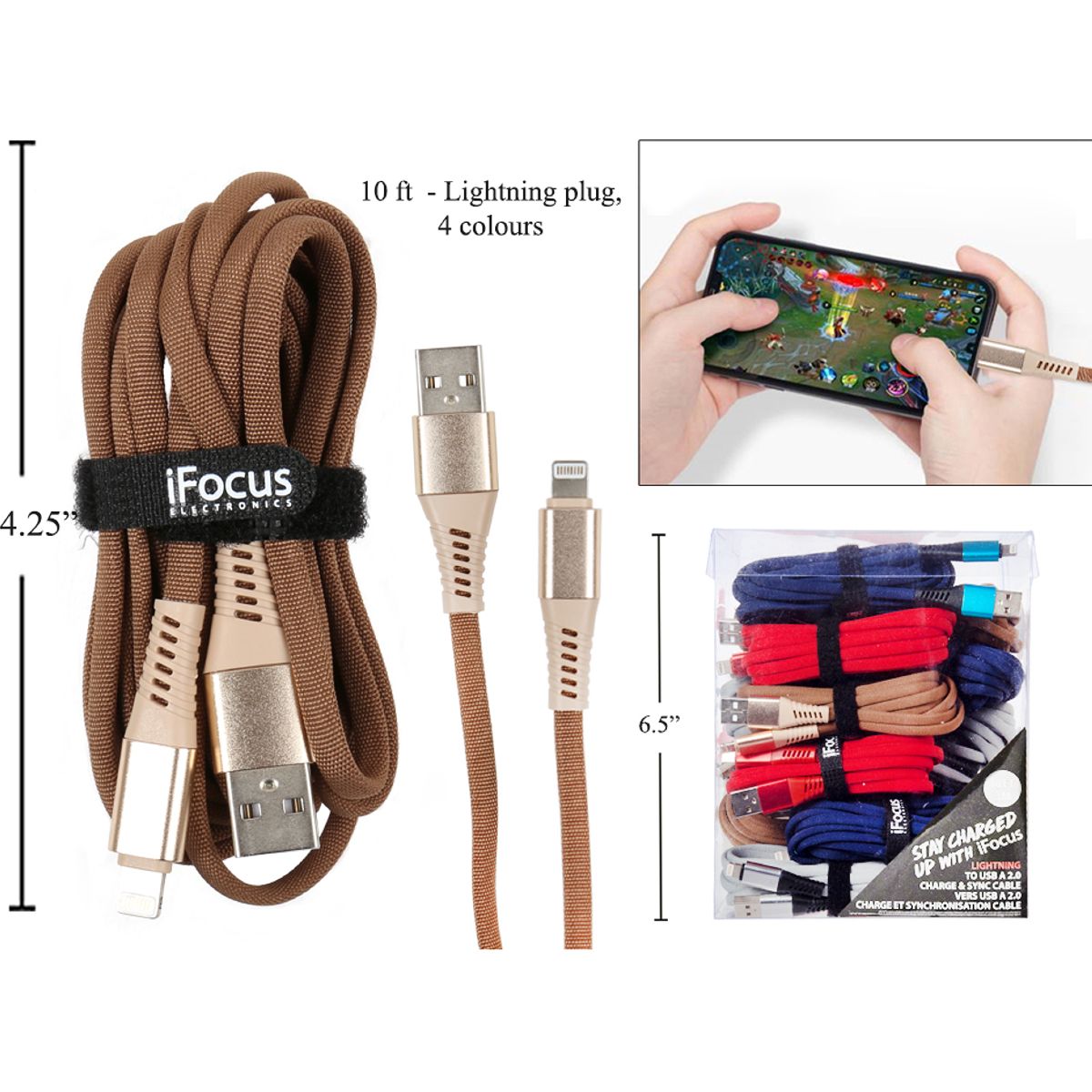 iFocus 10ft Lightning plg Data cable 4C, correa de velcro, paquete (HZ)