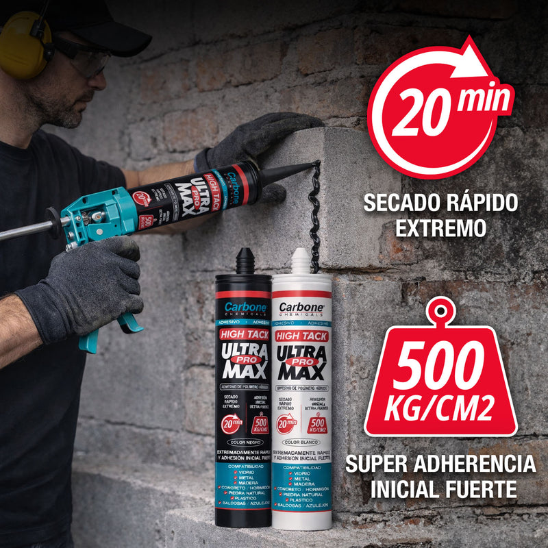 High Tack CARBONE ULTRA PROMAX Agarre inicial INMEDIATO 500 kg/m2 Viscosidad adherencia y resistencia alta NEGRO 290ml