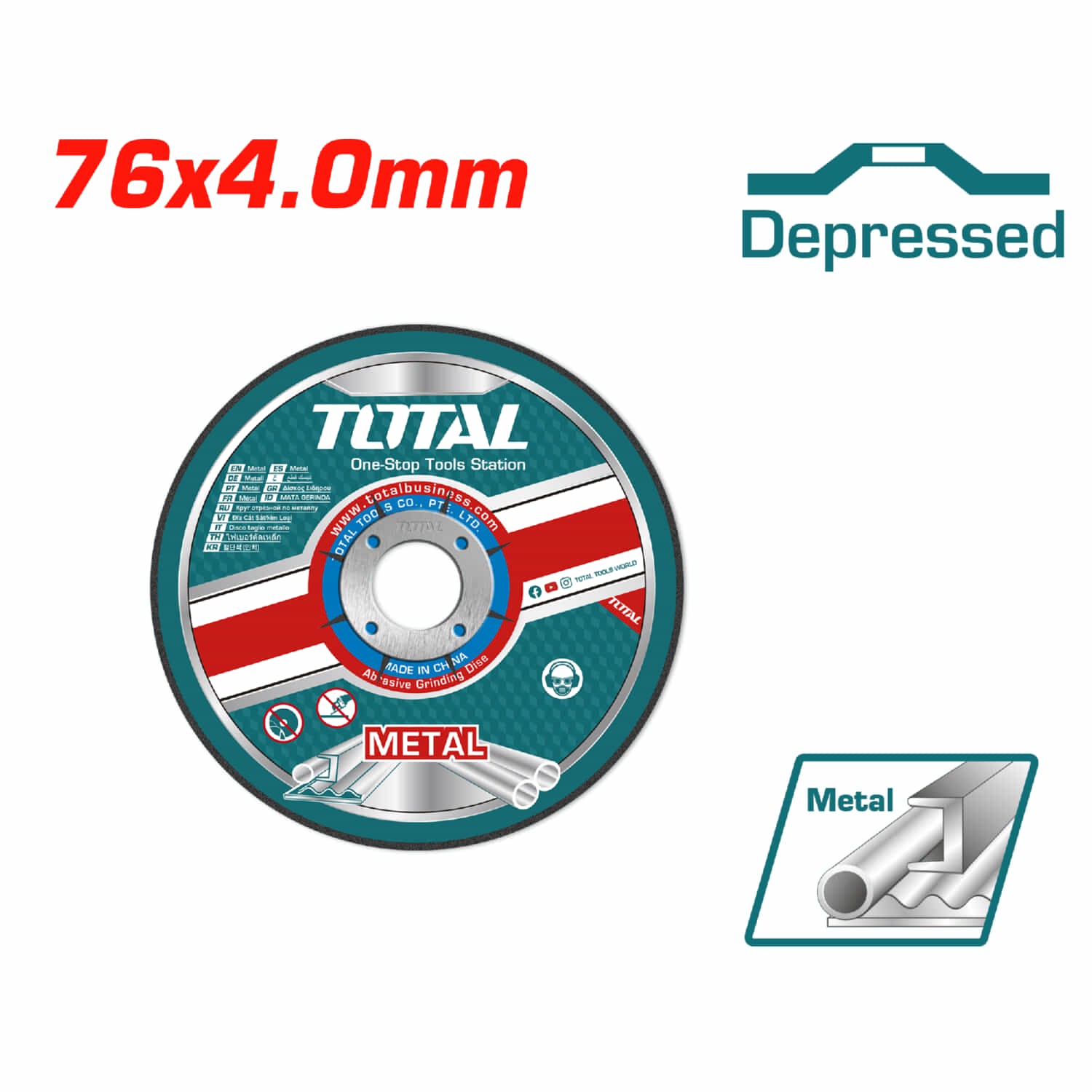 Disco de desbaste 3" para metal abrasivo. 76mm(3")x4.0mm(5/32")x10mm(25/64"). Centro Hundido.