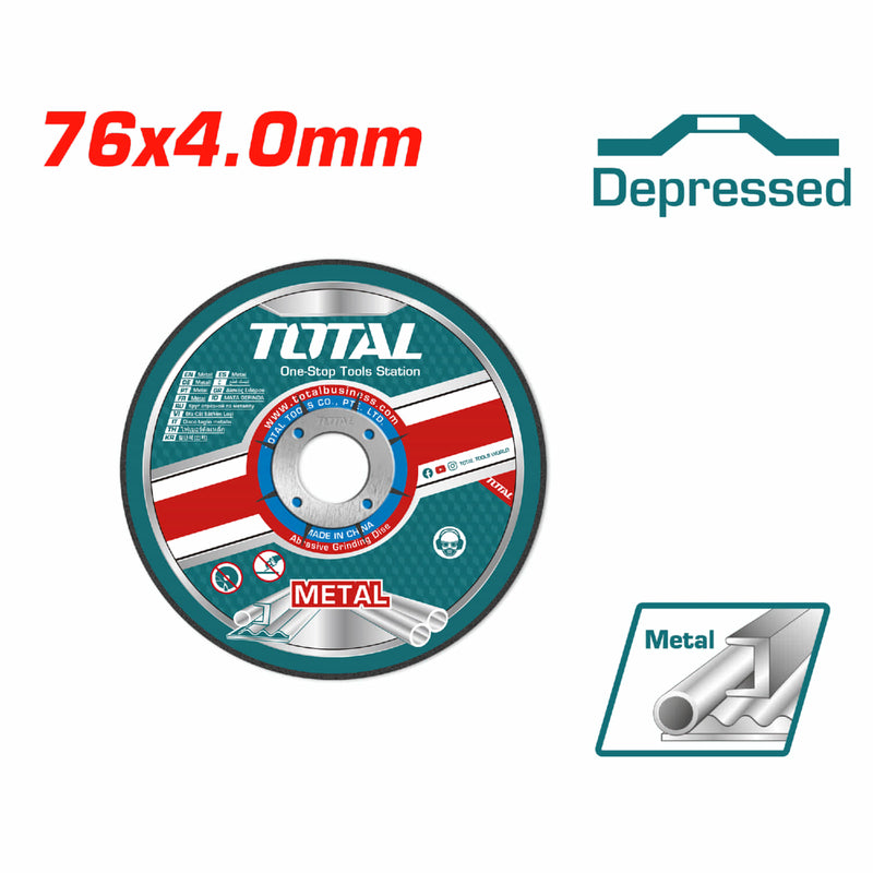 Disco de desbaste 3" para metal abrasivo. 76mm(3")x4.0mm(5/32")x10mm(25/64"). Centro Hundido.