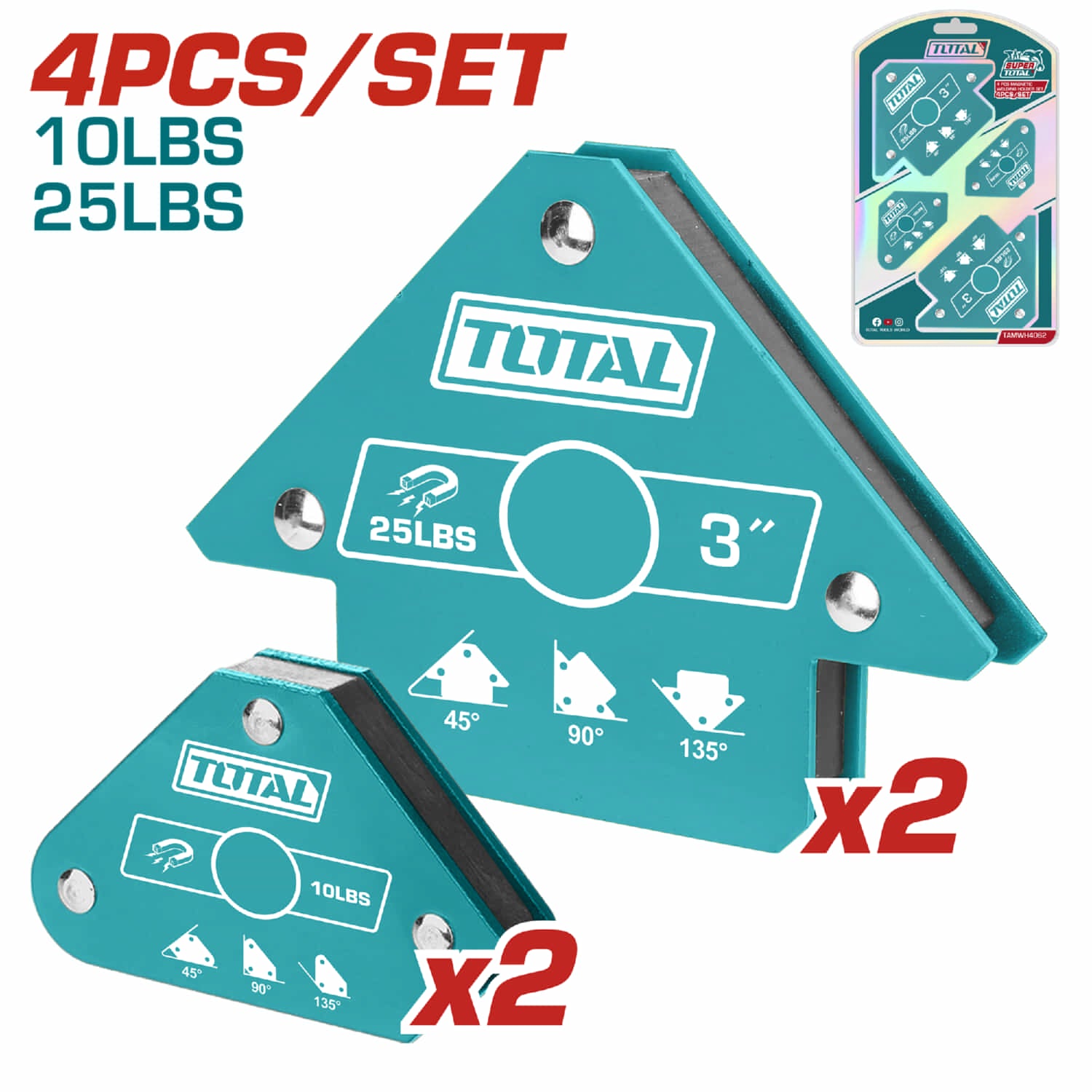 Soportes de soldadura escuadra magnética. 45º, 90º, 135º. Imán y Acero. 10/25 lbs. Set 4 pzas.