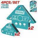 Soportes de soldadura escuadra magnética. 45º, 90º, 135º. Imán y Acero. 10/25 lbs. Set 4 pzas.