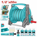 Manguera de agua 20 metros x 1/2" con carrete. Incluye conectores y adaptador de grifo.