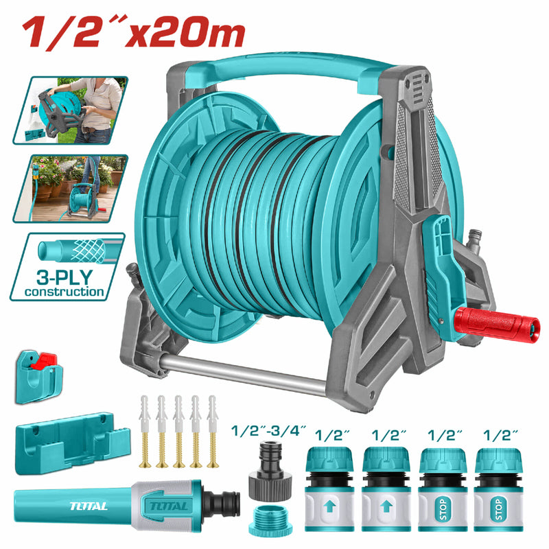 Manguera de agua 20 metros x 1/2" con carrete. Incluye conectores y adaptador de grifo.