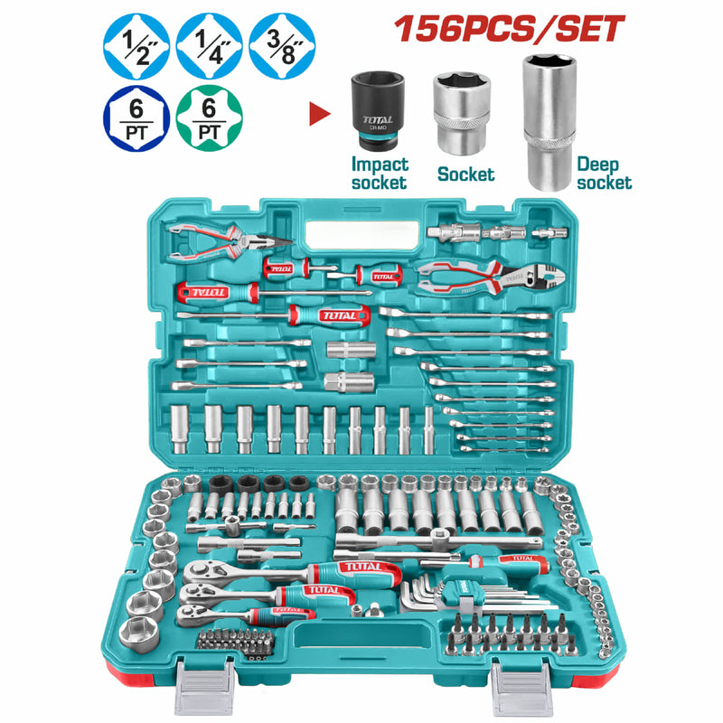 Sockets Dados 156 Piezas Variadas En Maletín. (Llaves, Barras, Adaptador, Mangos) En Juego Kit 1/4", 3/8" Y 1/2".