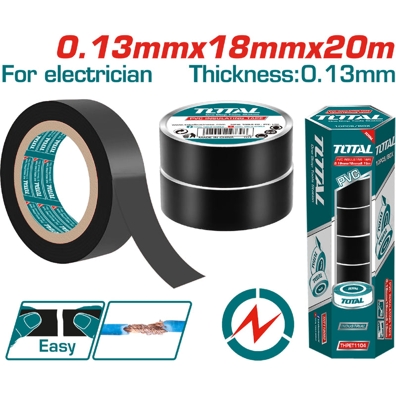 Gutapercha tape eléctrico de PVC Puro,19 mmx20M, Color Negro, Ancho 19 mm, Espesor 0.13 mm (1 Pza.)