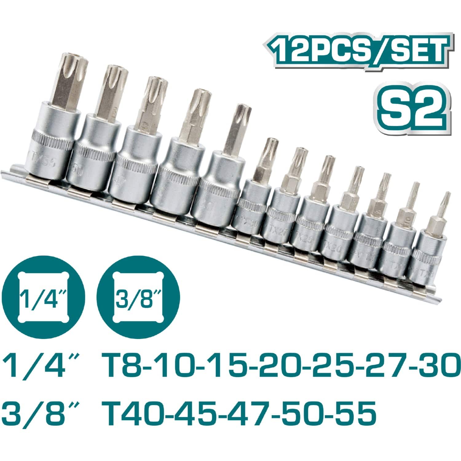 Juegos De Dados De Punta De Torx (12 Piezas) (T8-T30 1/4") (T40-T55 3/8") S2. Cromado