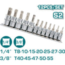 Juegos De Dados De Punta De Torx (12 Piezas) (T8-T30 1/4") (T40-T55 3/8") S2. Cromado