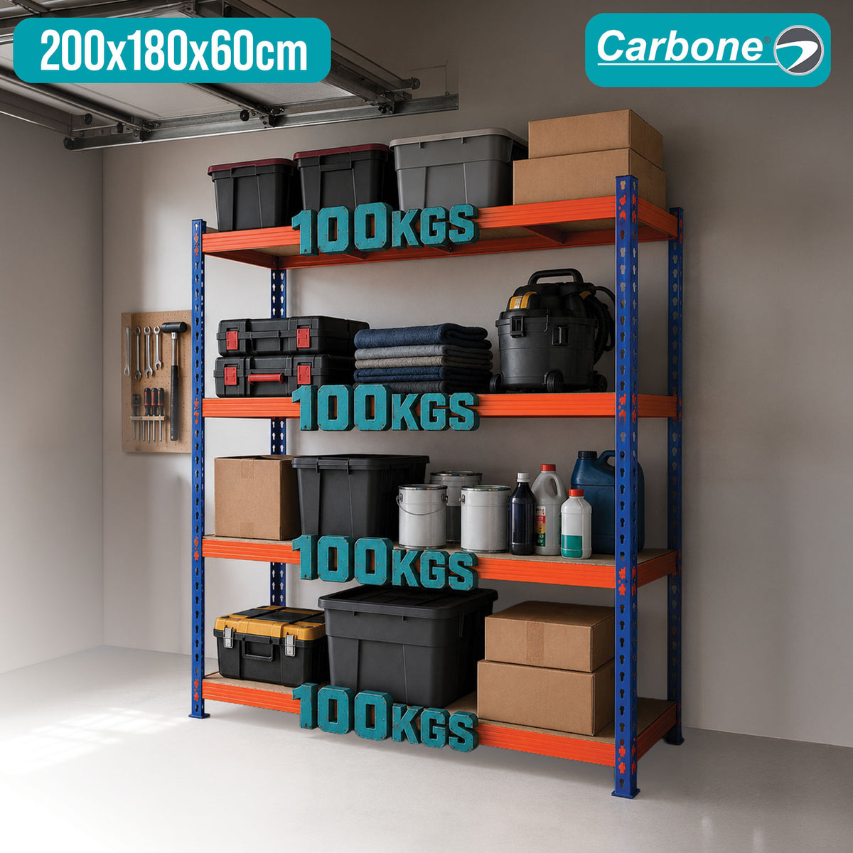 Estantería Metálica Industrial de 4 Niveles (200x180x60cm). Estante Rack de Almacenamiento Reforzado con Capacidad total de 400Kg.