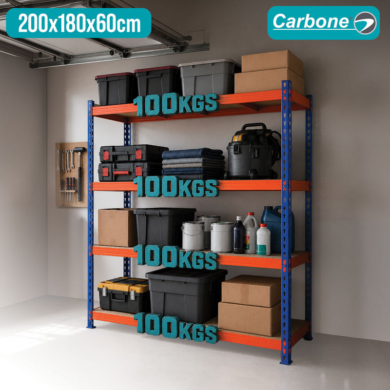 Estantería Metálica Industrial de 4 Niveles (200x180x60cm). Estante Rack de Almacenamiento Reforzado con Capacidad total de 400Kg.