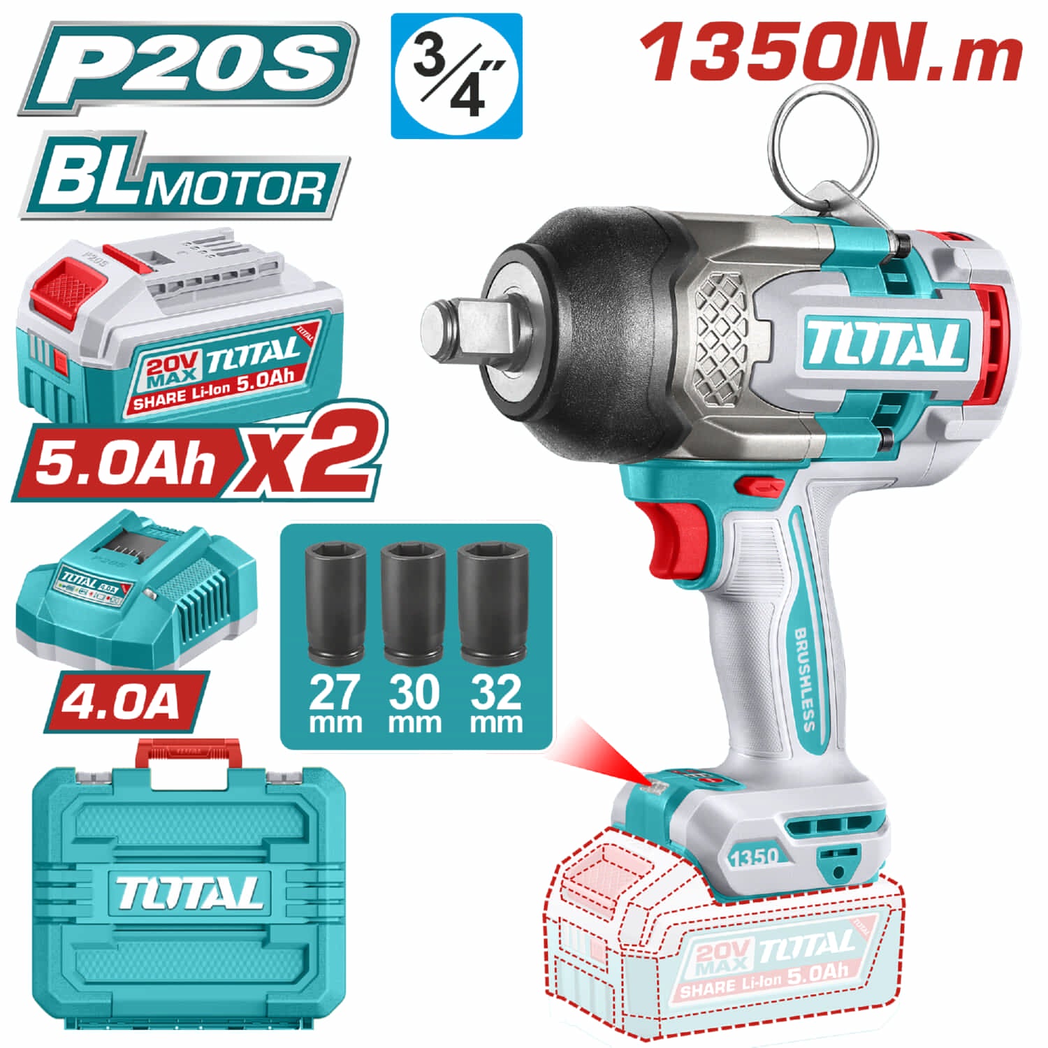 Llave Impacto dado cuadrado 20V 3/4" Motor sin escobillas. 1350Nm Incluye 2 baterías y cargador. Super Total