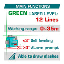 Nivel Láser Autonivelante (Láser Verde) 16V Rango de Trabajo: 0~35 m Tres Planos 360° 3D Incluye batería y cargador. Kit con accesorios.