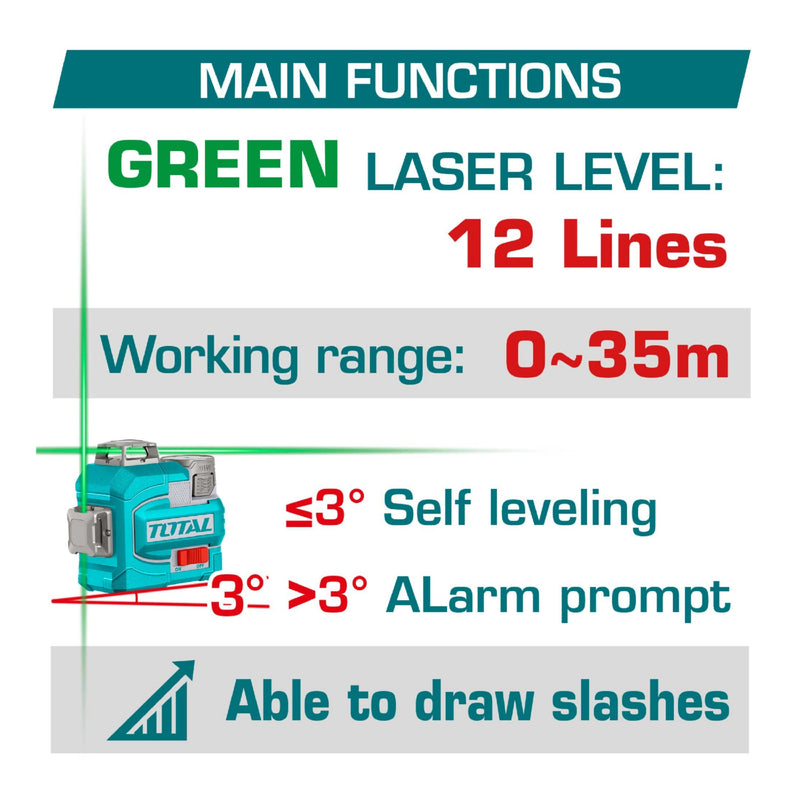 Nivel Láser Autonivelante (Láser Verde) 16V Rango de Trabajo: 0~35 m Tres Planos 360° 3D Incluye batería y cargador. Kit con accesorios.