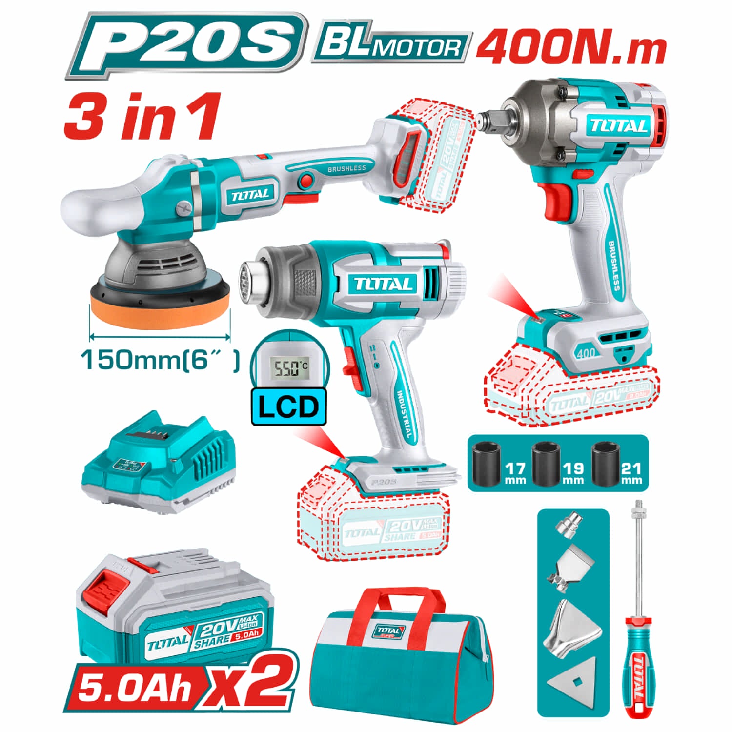 Combo Total Llave de Impacto 400Nm 1/2”. Pulidora Inalámbrica 4500rpm, 150mm. Pistola de Calor 550ºC, Pantalla LCD.  Incluye Batería y Cargador. POCAS UNIDADES.