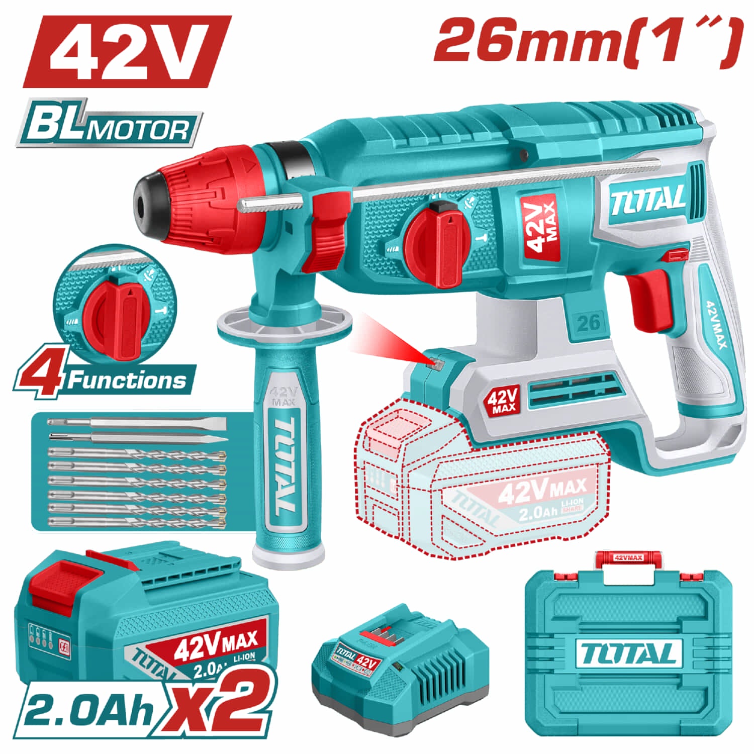 Taladro Rotomartillo 42V con Motor sin Escobillas 5000bpm Perfora 26mm en Concreto. Incluye Brocas, cinceles, batería y cargador. Martillo Rotativo Demoledor.