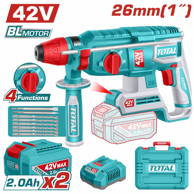 Taladro Rotomartillo 42V con Motor sin Escobillas 5000bpm Perfora 26mm en Concreto. Incluye Brocas, cinceles, batería y cargador. Martillo Rotativo Demoledor.