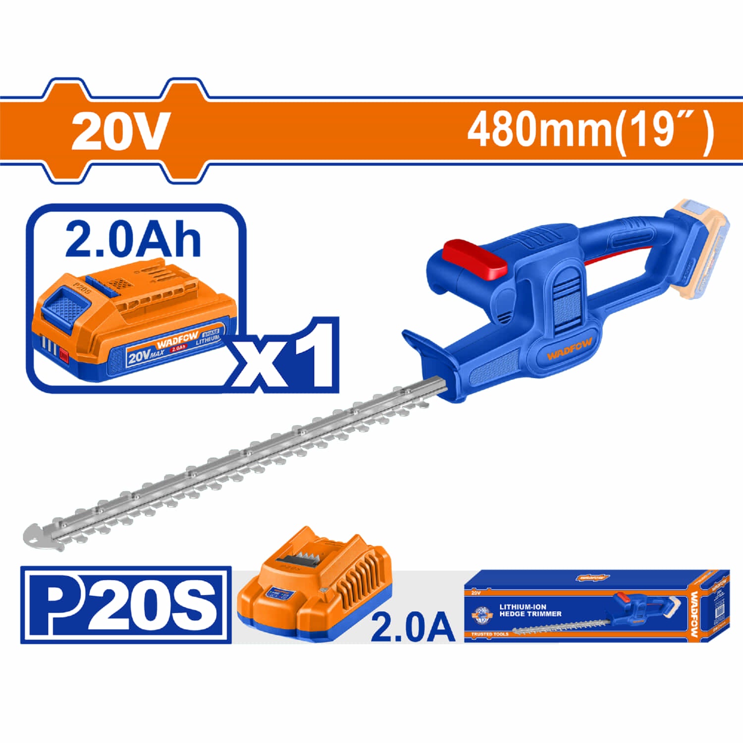 Cortadora de Arbustos 19" 20V Hoja con corte láser. Incluye Batería 2.0Ah y cargador. Cortasetos.