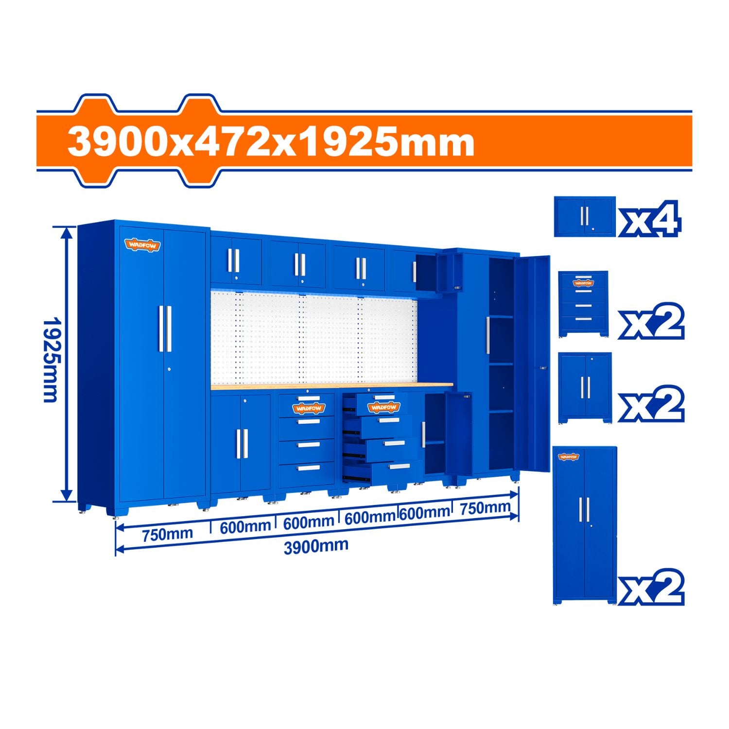 Armario Gabinete para Herramientas. 3900x472x1925mm. 10 piezas. Ideal en taller o bodega.