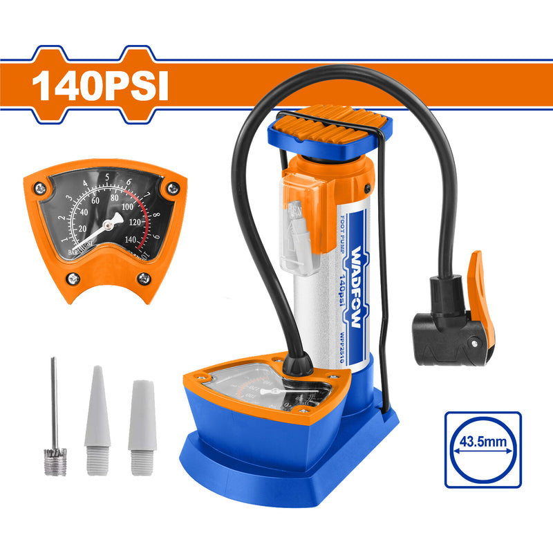 Bomba de Aire 140PSI. φ43.5*183mm. Cuenta con pedal de goma. Se adapta a Schrader, Presta, Dunlop.