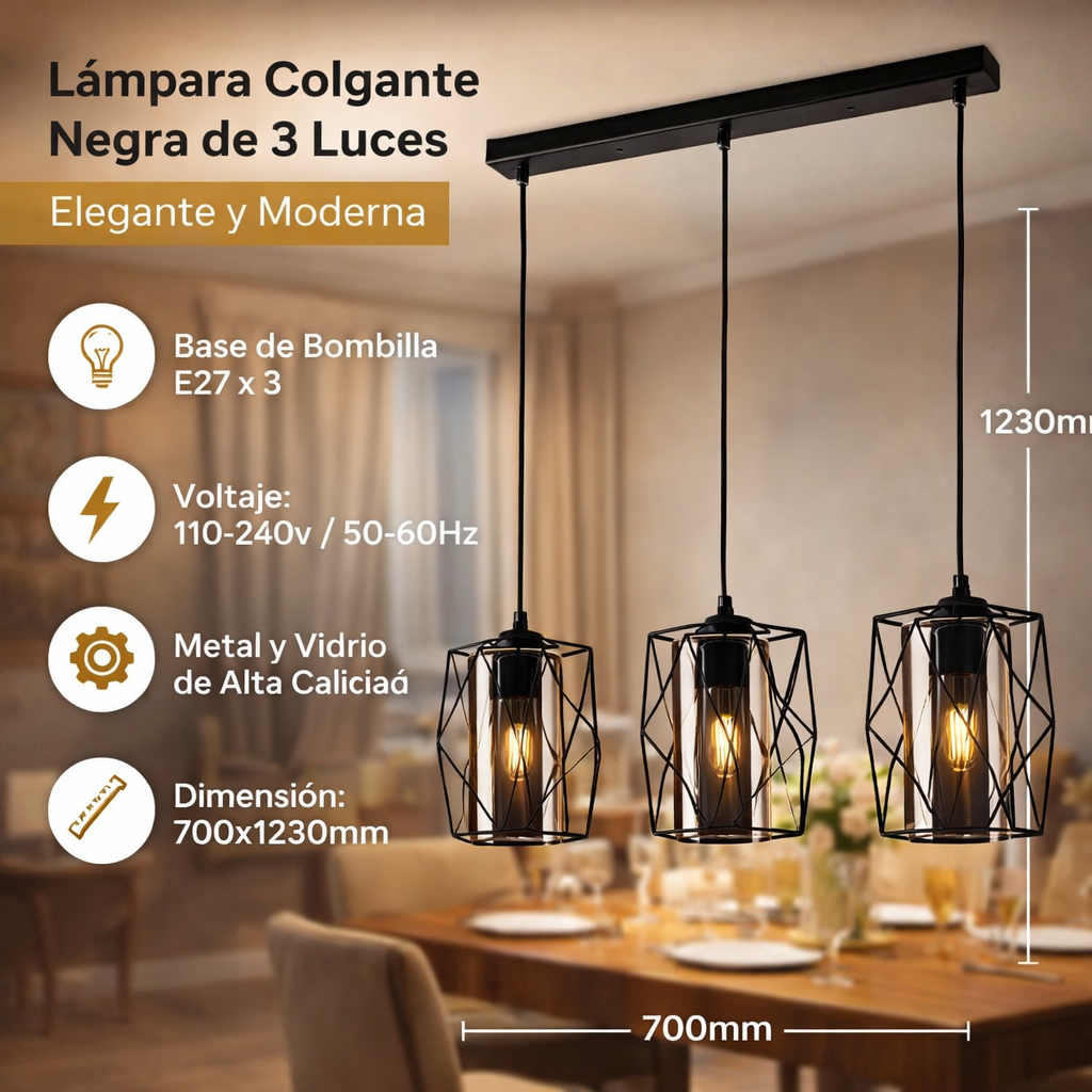 Lámpara Colgante Negra 3XE27 700x1230mm Elegancia Moderna y Versátil