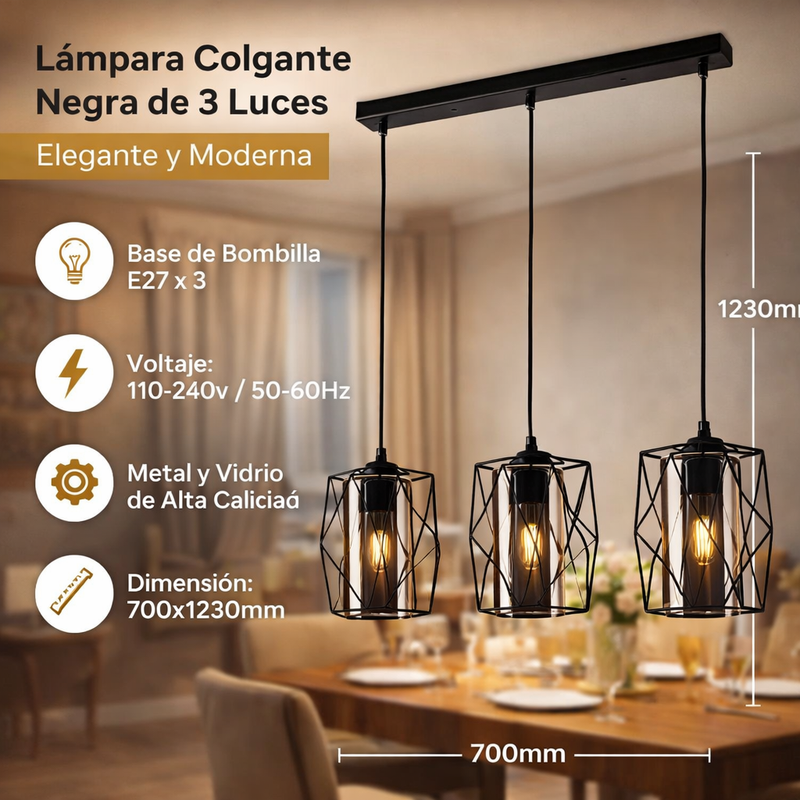 Lámpara Colgante Negra 3XE27 700x1230mm Elegancia Moderna y Versátil
