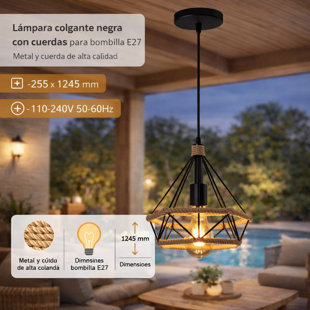 Lámpara Colgante Negra Base 1XE27 255x1245mm Iluminación Elegante.