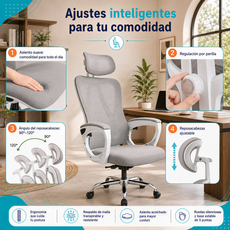 Silla de oficina ergonómica gris con respaldo de malla y apoyabrazos ajustables sin reposapiés. Cómoda silla de computadora para Escritorio.